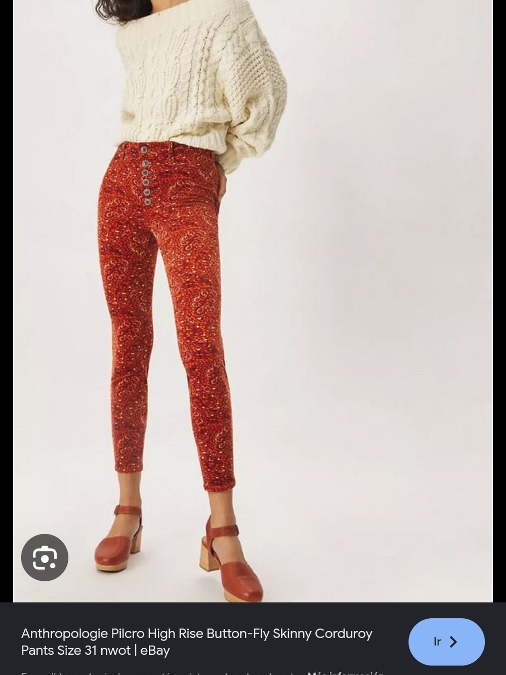 High-Rise Button-Fly Skinny Corduroy Pants in Rust Paisley